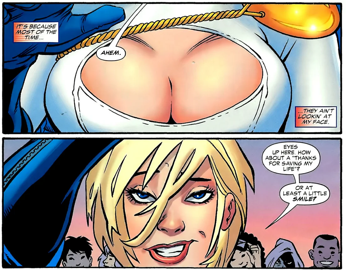 My Eyes Are Up Here — Power Girl comic panels with the line 'Eyes up here. How about a thanks for saving my life?'
