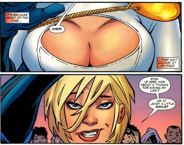 My Eyes Are Up Here — Power Girl comic panels showing the 'Eyes up here' quote