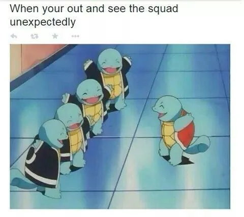 My Face When (MFW) — Group of smiling Squirtles from Pokémon with caption about seeing the squad unexpectedly
