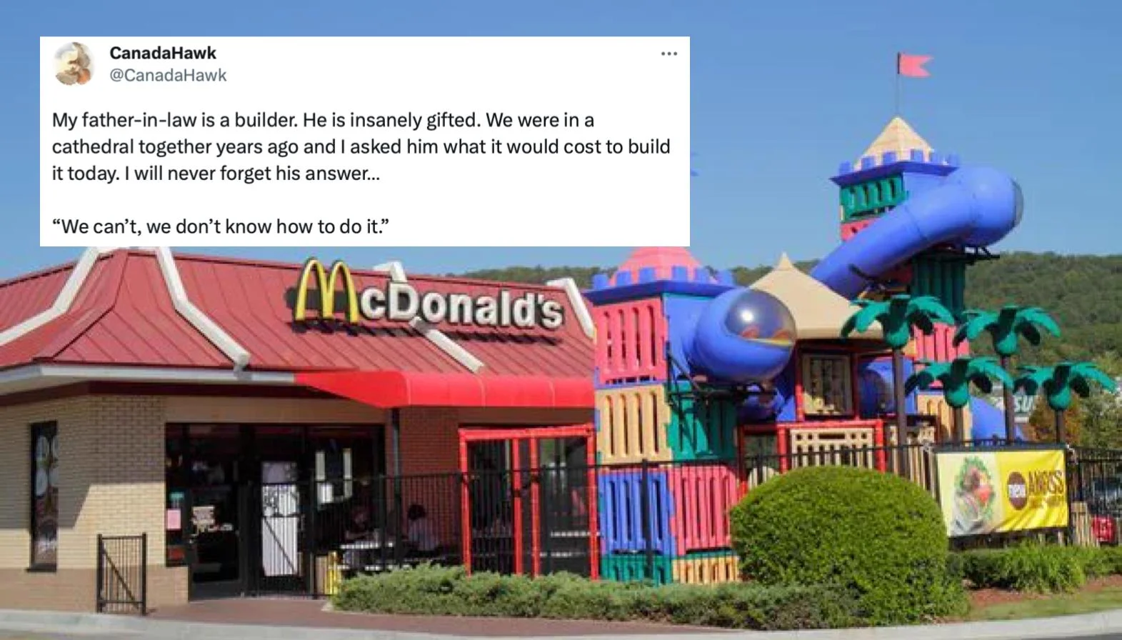 My Father-In-Law Is A Builder — Tweet about father-in-law builder overlaid on McDonald's with colorful playground