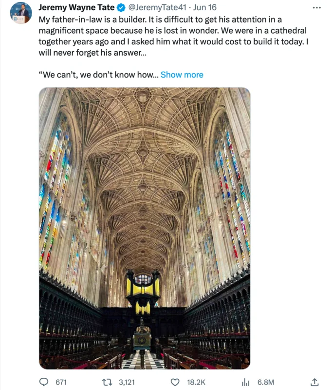 My Father-In-Law Is A Builder — Jeremy Tate tweet with father-in-law quote and photo of King's College Chapel interior