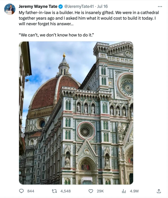 My Father-In-Law Is A Builder — Jeremy Tate tweet with father-in-law quote and photo of Florence Cathedral