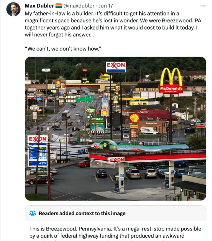 My Father-In-Law Is A Builder — Max Dubler parody tweet with father-in-law quote over photo of Breezewood PA strip