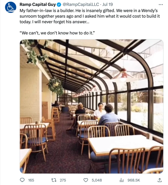 My Father-In-Law Is A Builder — Ramp Capital Guy tweet with father-in-law quote over vintage Wendy's sunroom photo