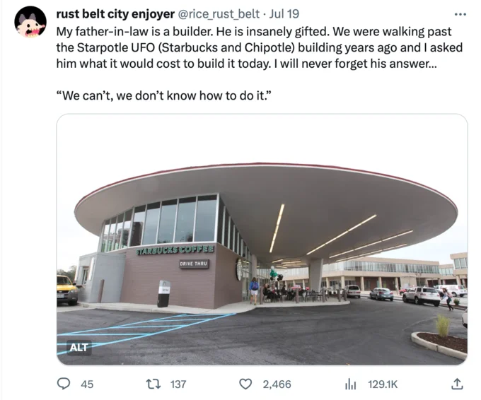 My Father-In-Law Is A Builder — Tweet with father-in-law quote over photo of UFO-shaped Starbucks and Chipotle building