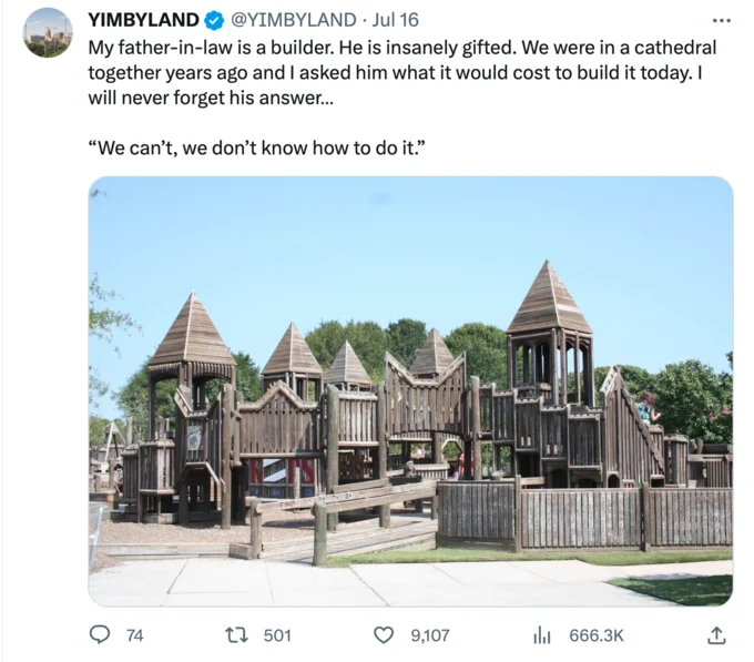 My Father-In-Law Is A Builder — YIMBYLAND tweet with father-in-law quote over wooden castle playground