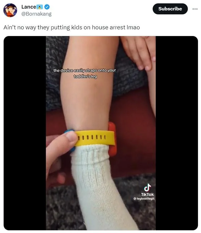 My First Ankle Monitor — Tweet by @Bornakang reacting to a TikTok of a toy ankle monitor strap being fitted on a toddler's leg.