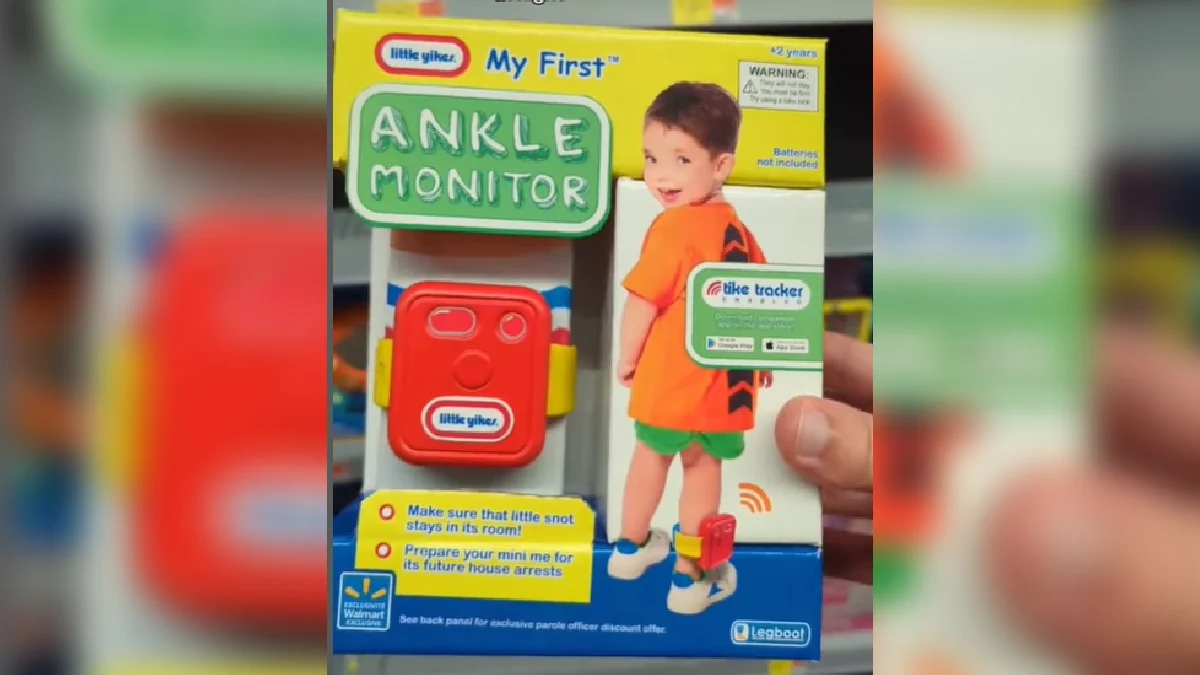 Fake toy box labeled 'Little Yikes My First Ankle Monitor' with a red ankle strap and child model on the packaging.