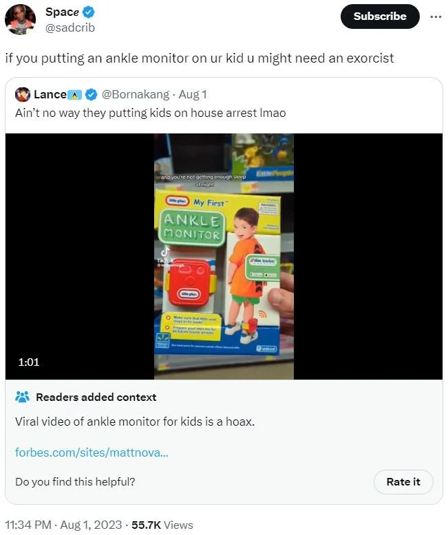 My First Ankle Monitor — Tweet by @sadcrib quote-replying to the ankle monitor TikTok with a Community Notes label marking it as a hoax.