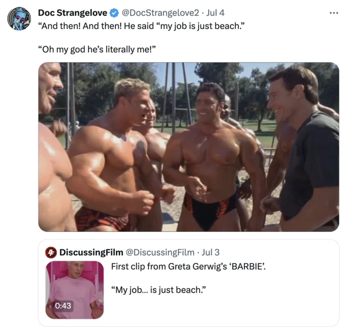 Tweet reacting to Barbie 'my job is just beach' clip with bodybuilders laughing meme