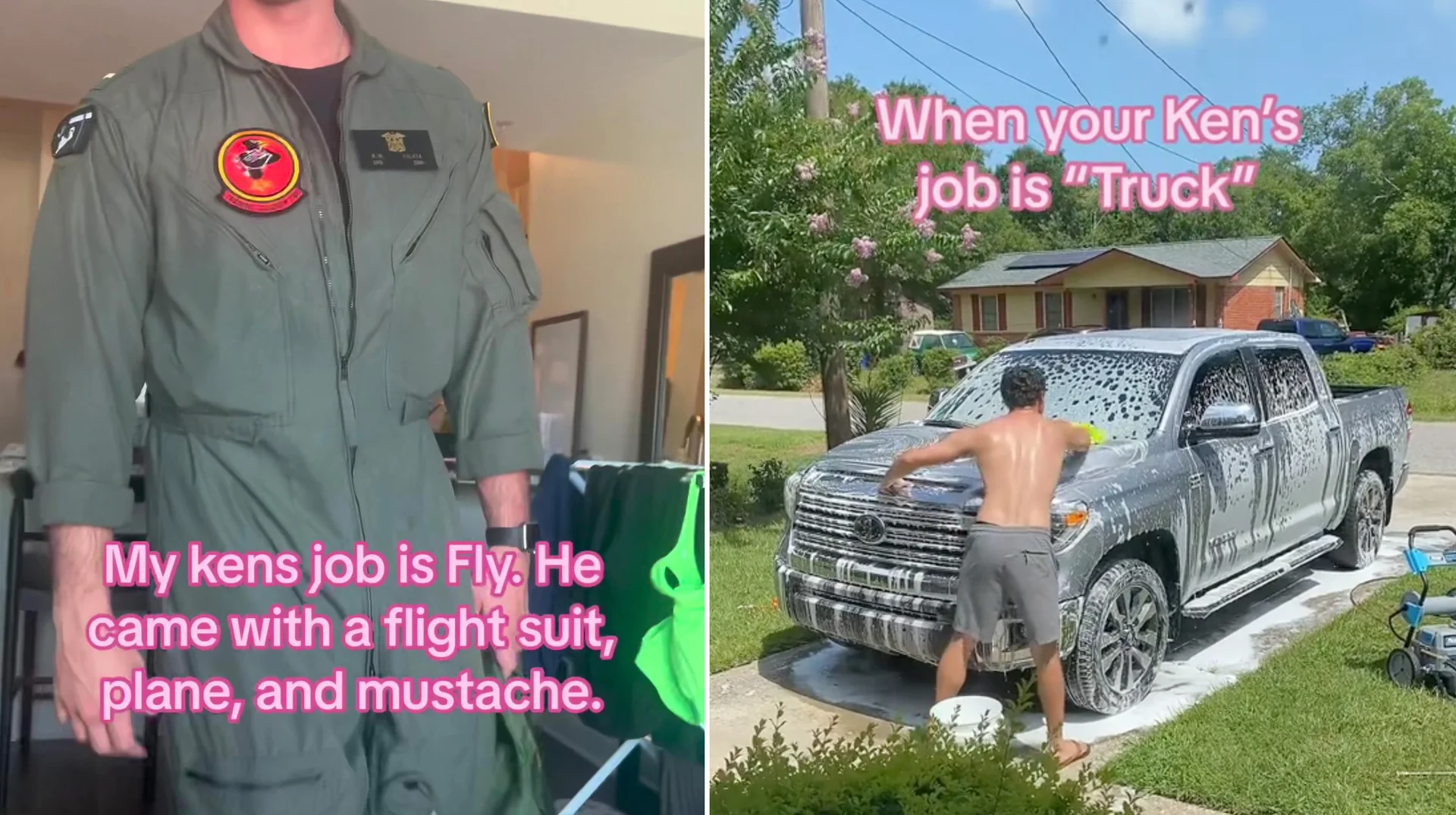 My Job Is Just Beach — Side-by-side TikTok captures using Barbie 'Ken's job' format with pilot flight suit and truck washing