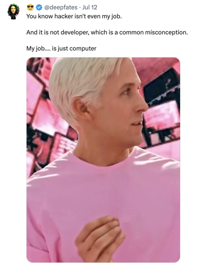 My Job Is Just Beach — Tweet with Ken edited over pink computer screens captioned 'my job is just computer'