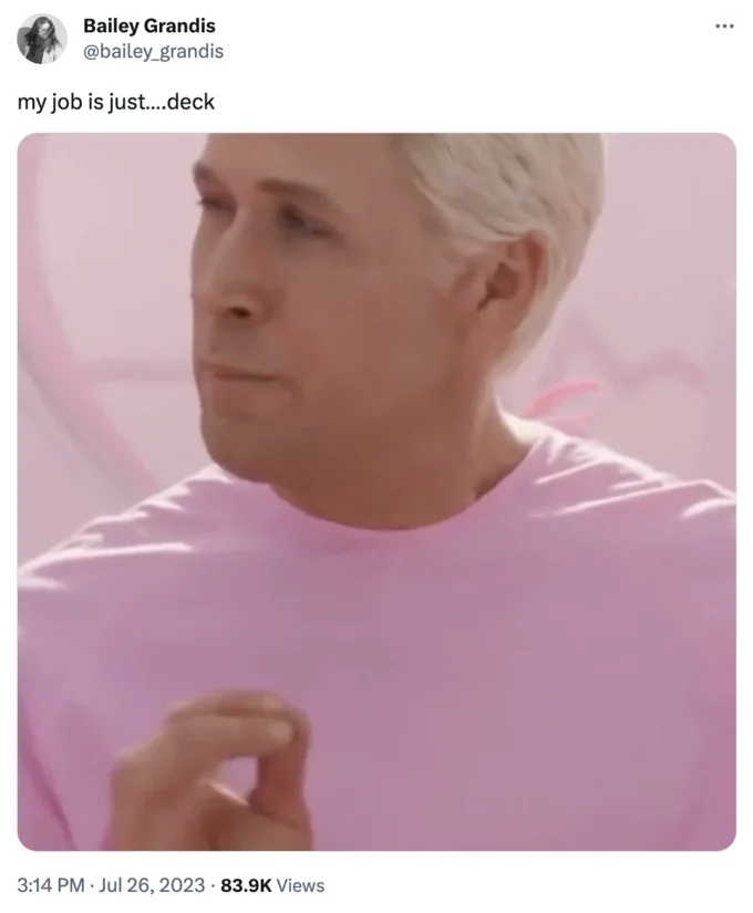 My Job Is Just Beach — Tweet captioned 'my job is just....deck' with Ken from Barbie