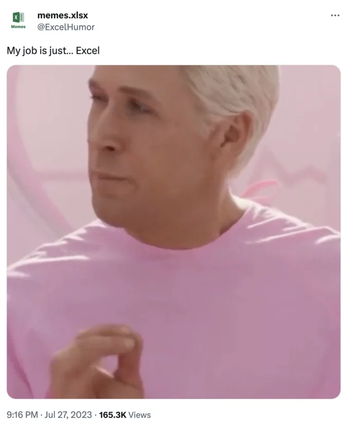 My Job Is Just Beach — Tweet captioned 'My job is just... Excel' with Ken from Barbie