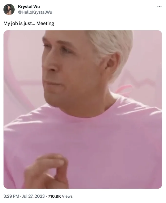 My Job Is Just Beach — Tweet captioned 'My job is just... Meeting' with Ken from Barbie