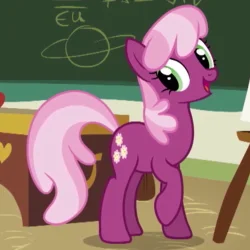 My Little Pony Character Fandom — Screenshot of Cheerilee pink pony teacher in classroom with chalkboard visible.