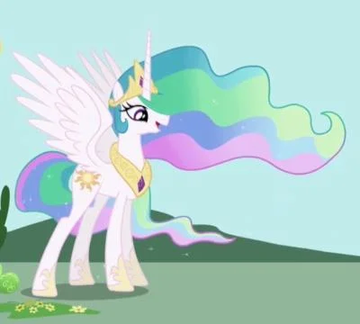 My Little Pony Character Fandom — Animation screenshot of Princess Celestia in profile with flowing rainbow mane and golden regalia.