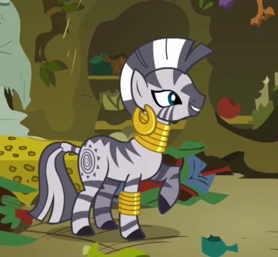 My Little Pony Character Fandom — Clean screenshot of Zecora the zebra with striped body, mohawk mane, and tribal markings.