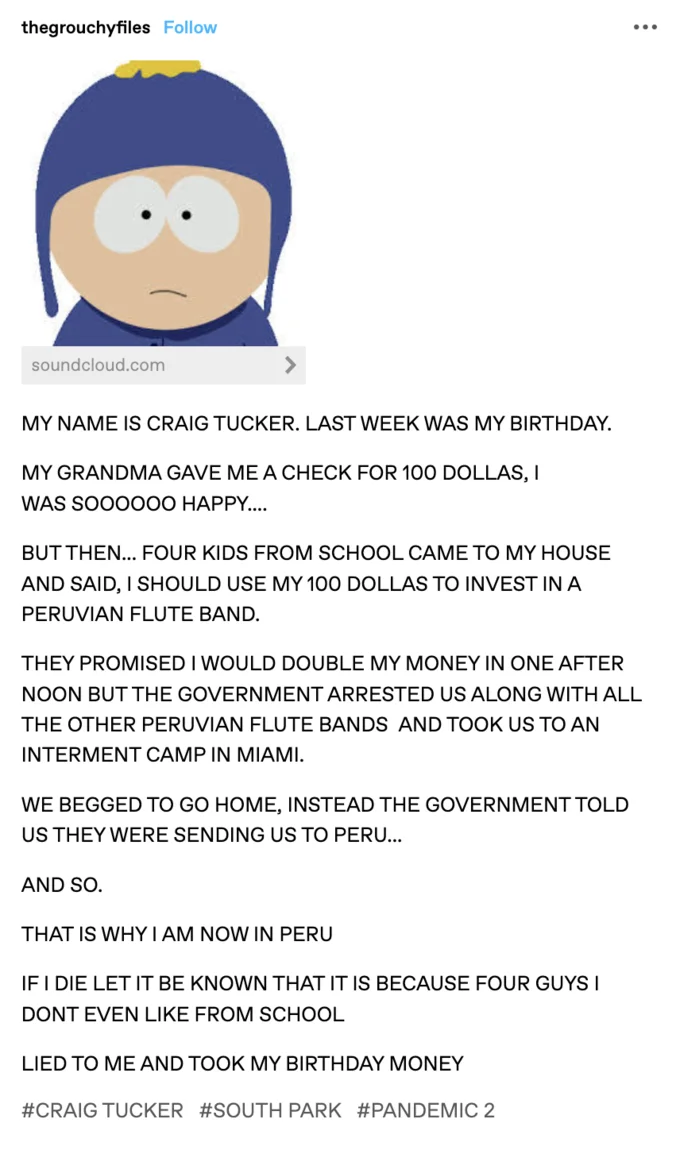 My Name Is Craig Tucker Copypasta — Tumblr post by thegrouchyfiles featuring Craig Tucker's face and the full text of the Craig Tucker Peruvian flute band