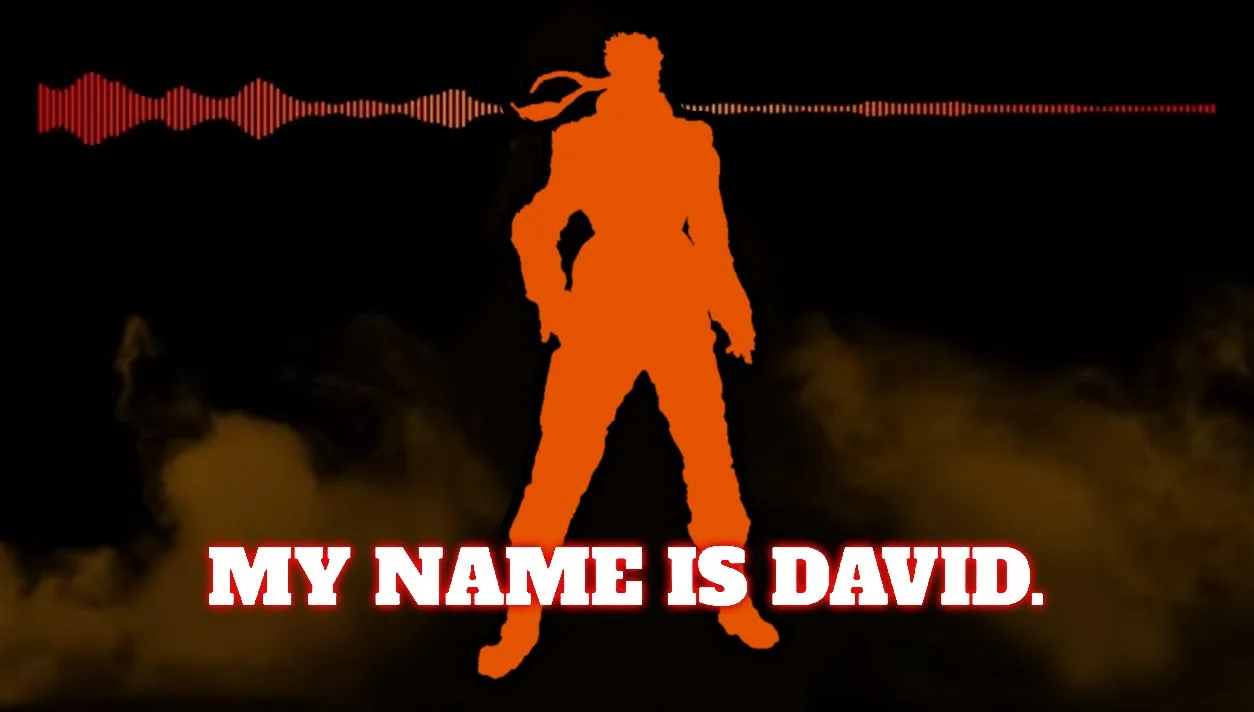 Orange silhouette of a figure with 'MY NAME IS DAVID.' text and audio waveform on dark background