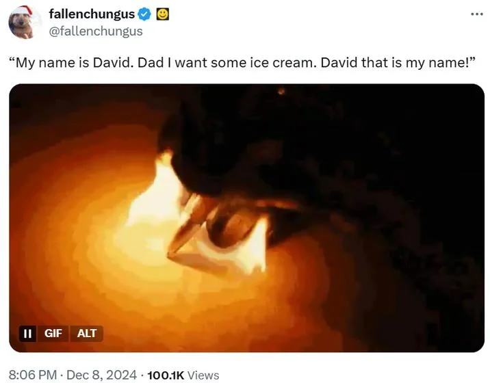 Twitter post by fallenchungus quoting 'My name is David. Dad I want some ice cream.' with a fire GIF