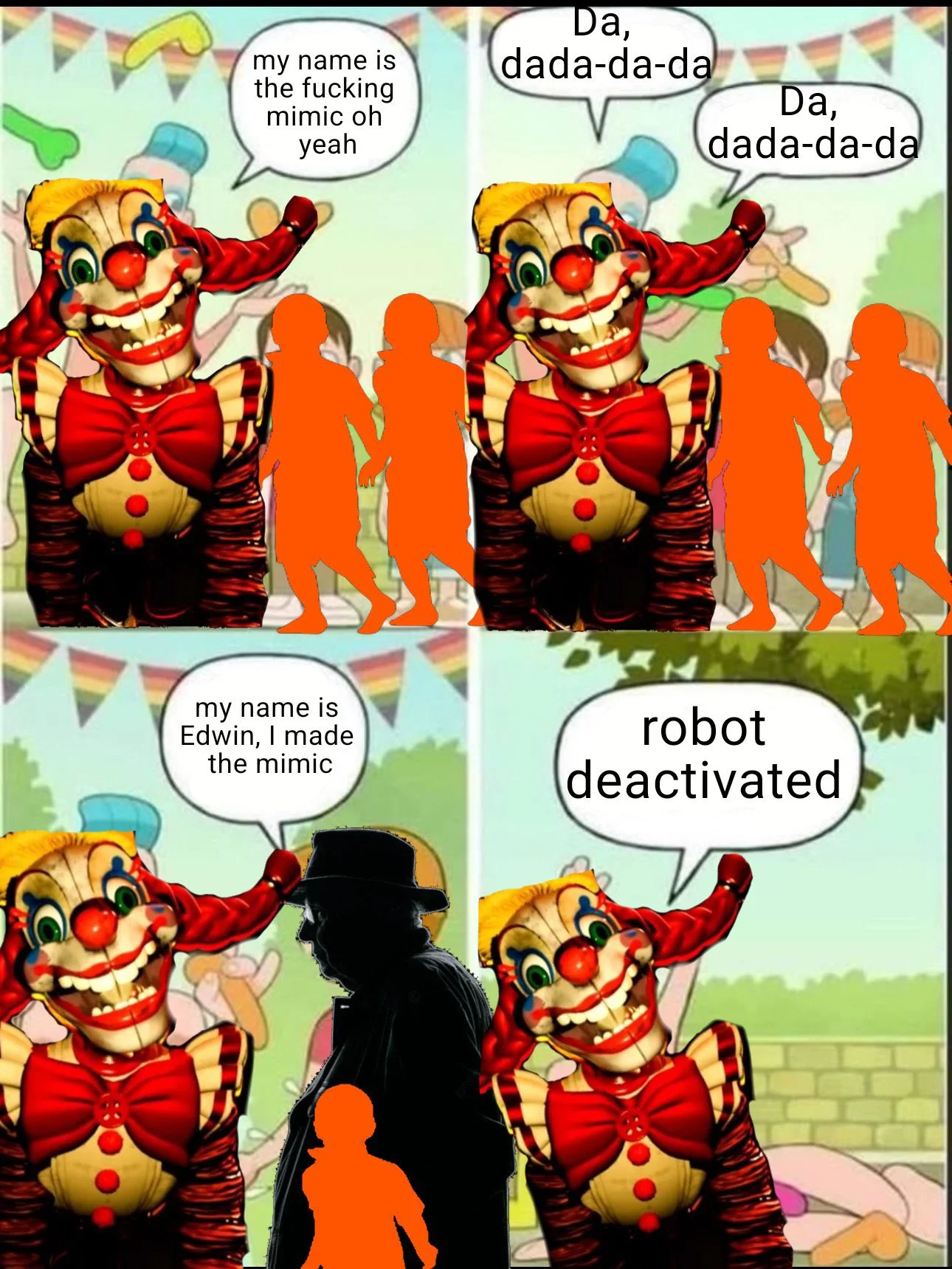 My Name Is David — Four-panel comic of the FNAF Mimic clown with lyrics and 'robot deactivated' punchline