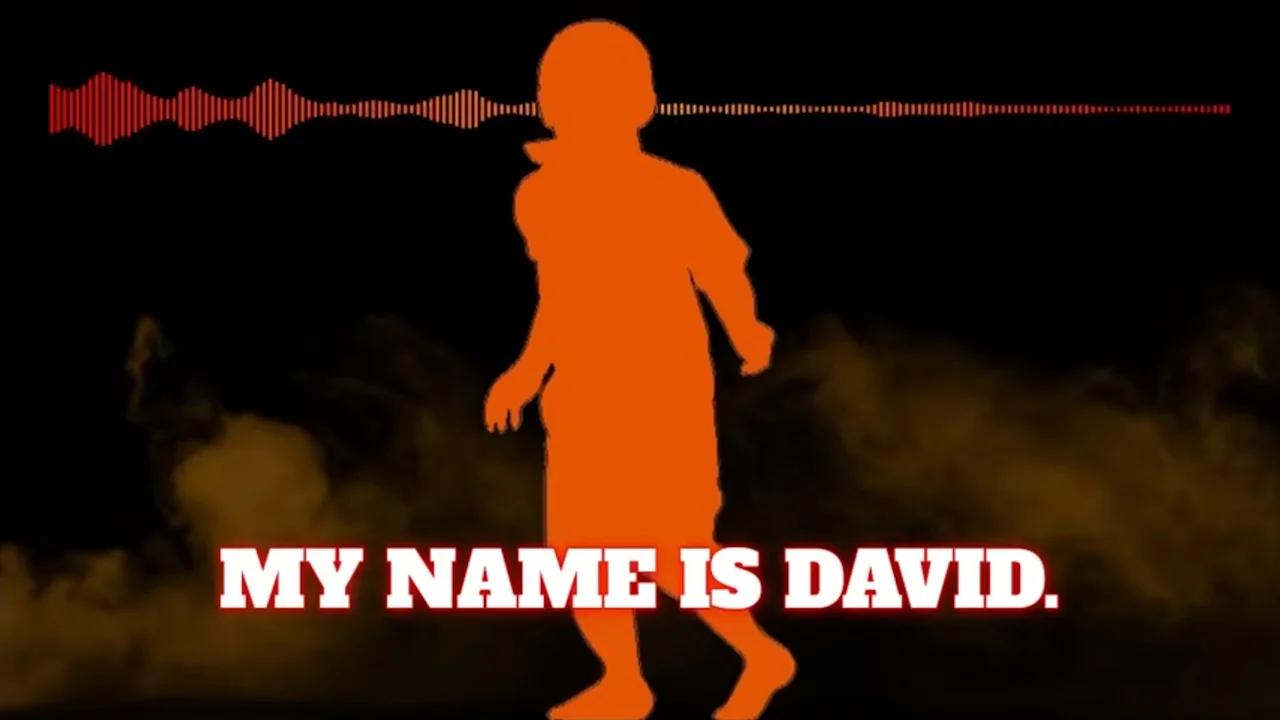 Orange silhouette of a child with text 'MY NAME IS DAVID.' and audio waveform on dark background