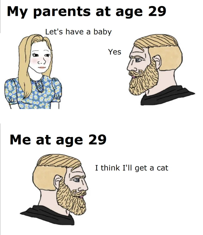 My Parents At Age 29 — Two-panel wojak meme with parents at 29 planning a baby versus the narrator at 29 planning to get a cat