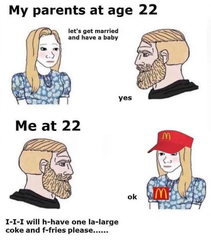 My Parents At Age 29 — Meme variant at age 22 with narrator stuttering an order to a McDonald's cashier wojak