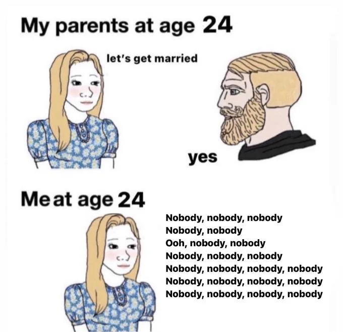My Parents At Age 29 — Meme variant with a female narrator at age 24 reciting Mitski's 'Nobody' lyrics
