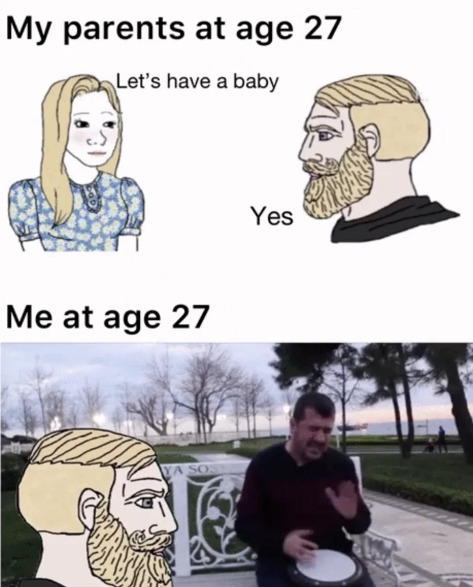 My Parents At Age 29 — Meme variant at age 27 pairing the wojak with the 'Ya Sos' darbuka video meme