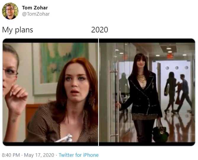 My Plans vs 2020 — Split-image meme contrasting calm confident character with stressed chaotic scene.