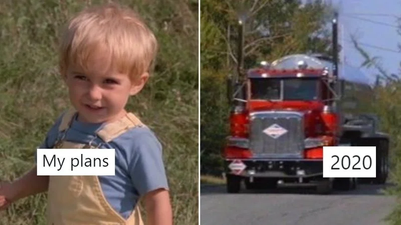 My Plans vs 2020 — Clean split-image of happy child in overalls versus large red fire truck.