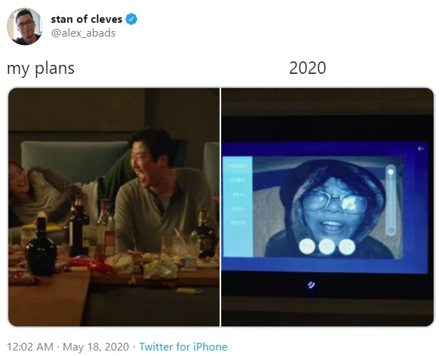 My Plans vs 2020 — Twitter meme contrasting casual relaxation with intense sci-fi chaos scene.