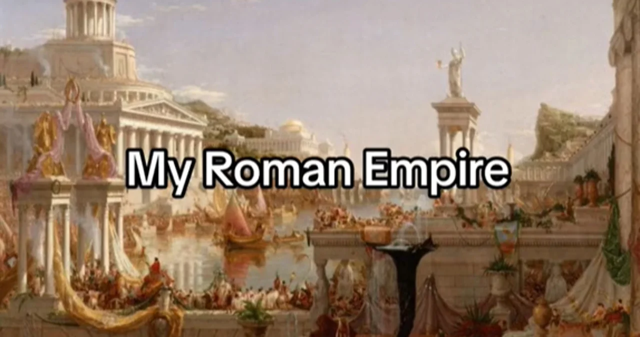 Classical painting of ancient Rome streets and architecture with 'My Roman Empire' text overlay.