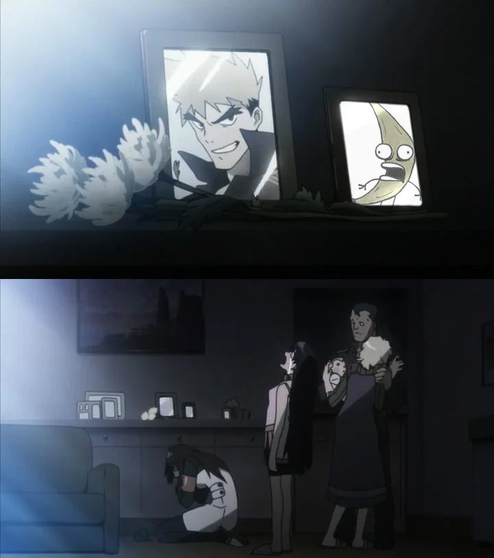 My Spoon Is Too Big — Anime memorial scene with a photo of the banana character inserted