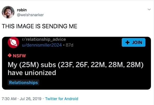 My Subs Have Unionized — Tweet by @welshsnarker sharing the original r/relationship_advice post about subs unionizing