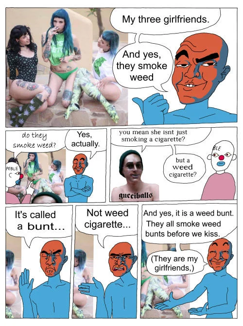 My Three Weed Smoking Girlfriends — Comic strip mixing photo of three women with Soyjak cartoons talking about weed-smoking girlfriends and weed bunts