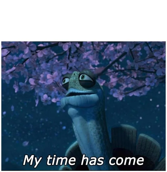 Oogway looking upward with white bottom text reading 'My time has come'.