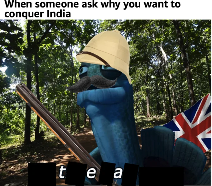 My Time Has Come — Photoshopped Oogway as a British colonizer in a jungle with Union Jack flag and censored 'tea' caption.