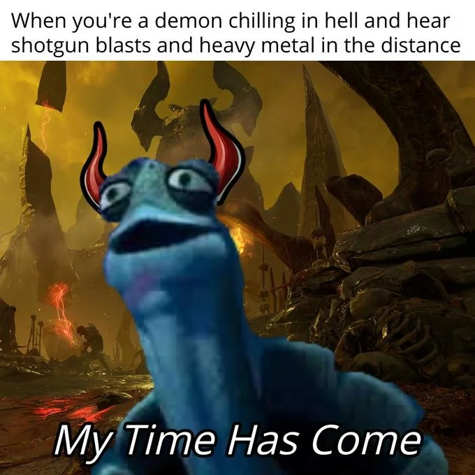 Oogway edited with demon horns in a Doom hellscape with 'My Time Has Come' caption.