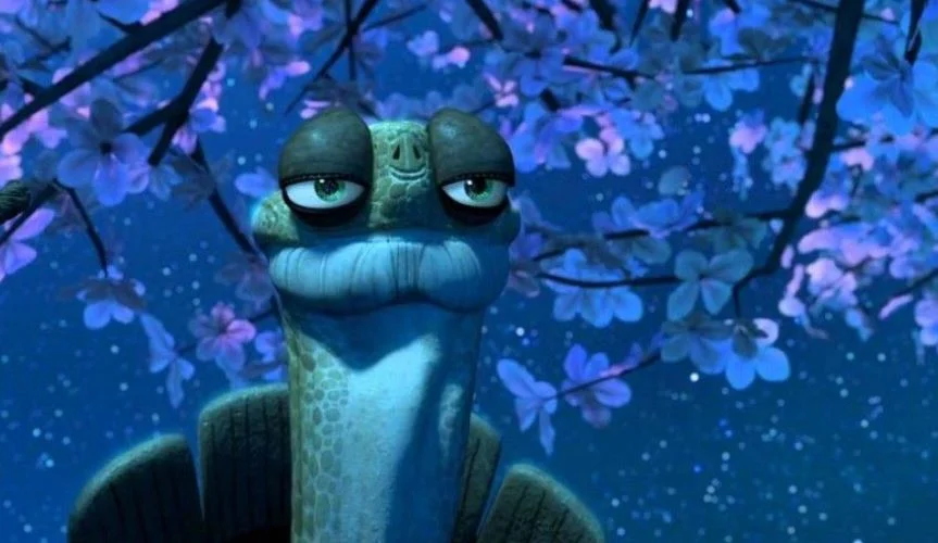 My Time Has Come — Master Oogway the tortoise looking upward beneath pink cherry blossom tree at night, from Kung Fu Panda.