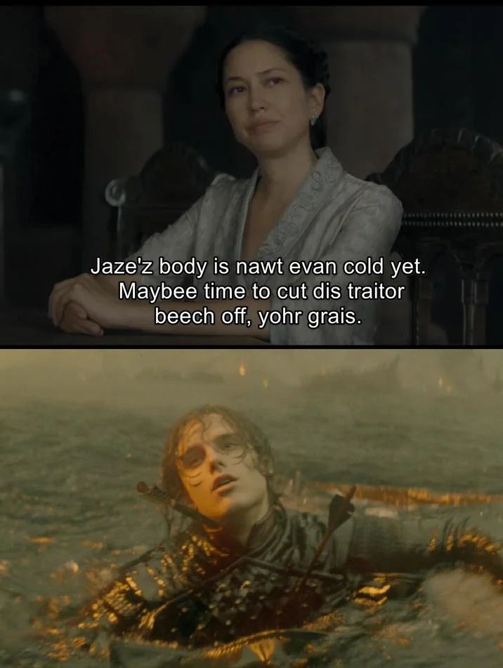 Mysarias Accent Memes Hotd — Two-panel Mysaria meme phonetically written above an image of Jacaerys Velaryon dying in the water