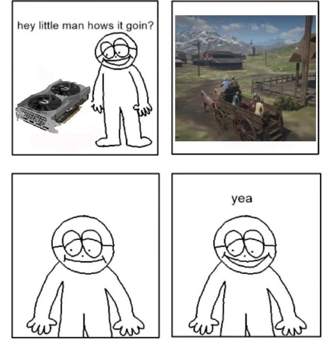 Four-panel mysillycomics edit with the stick figure talking to a graphics card and Red Dead Redemption gameplay.