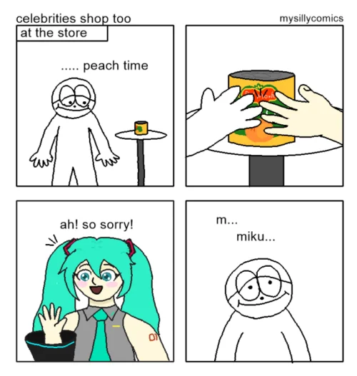 Four-panel mysillycomics 'peach time' edit featuring Hatsune Miku reaching for the peach can.