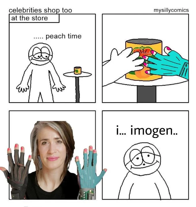 Four-panel mysillycomics 'peach time' edit featuring Imogen Heap wearing her Mi.Mu data gloves.