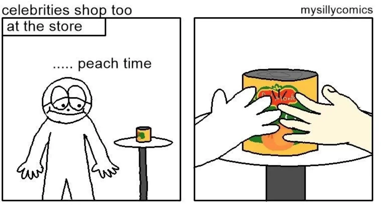 Two-panel mysillycomics comic titled 'celebrities shop too at the store' with a stick figure saying 'peach time' and hands grabbing a peach can.
