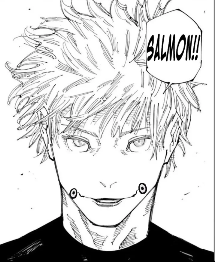 Nah Id Win — Gojo panel edited with fish hooks in his mouth and speech bubble saying 'Salmon!!'