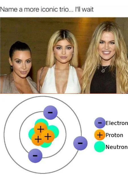 Name a More Iconic Duo — 'Name a more iconic trio' meme comparing the Kardashian sisters to an atom diagram.
