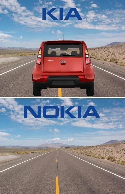 Name Puns — Two-panel meme of Kia Soul driving labeled Kia and empty road labeled Nokia.
